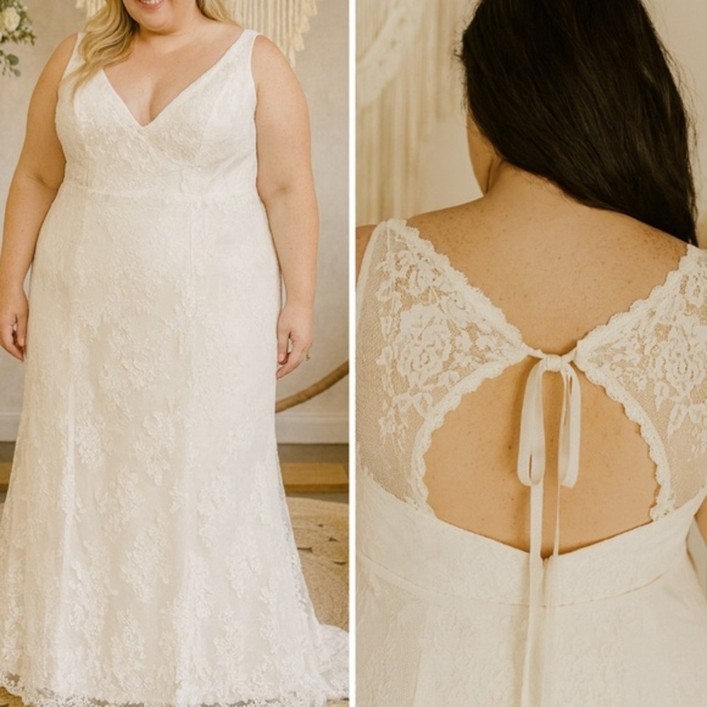Galina Sleeveless V-Neck Floral Lace Maxi Wedding Gown in Ivory